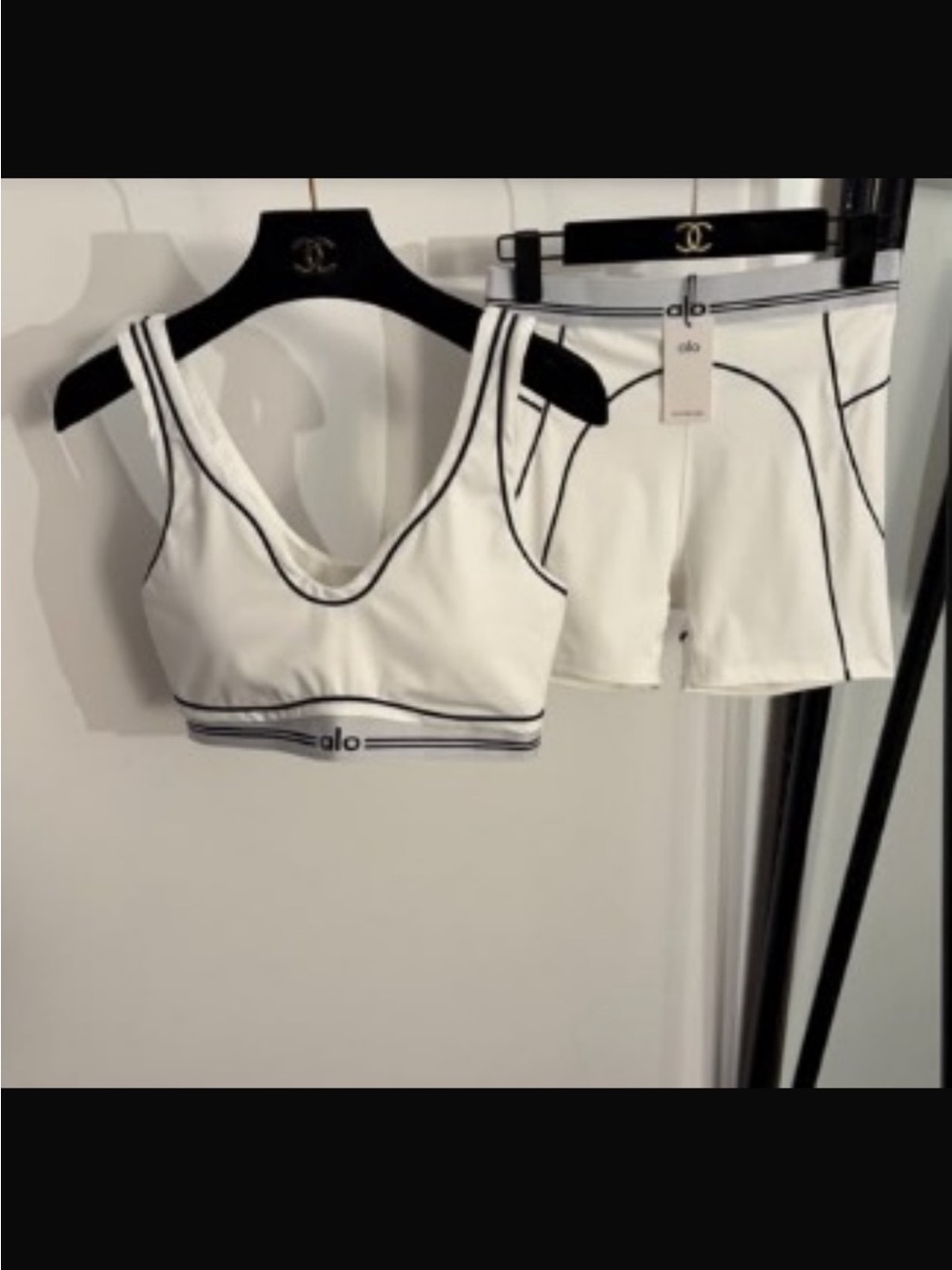 ALO Yoga White Sports Bra & Shorts Set with Black Contrast Piping